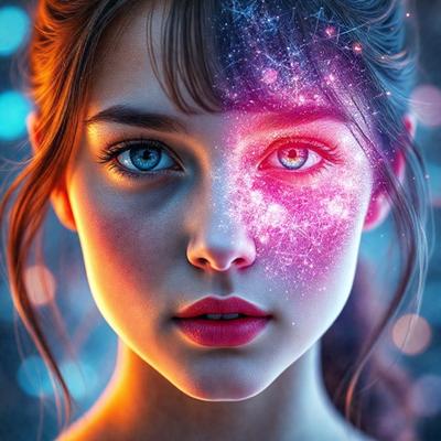 The primary subject of the image is a woman with two different colored eyes. The setting is a space-themed background, which adds a unique and artistic touch to the visual style. The colors and mood of the image are predominantly pink and purple, creating a vibrant and whimsical atmosphere.